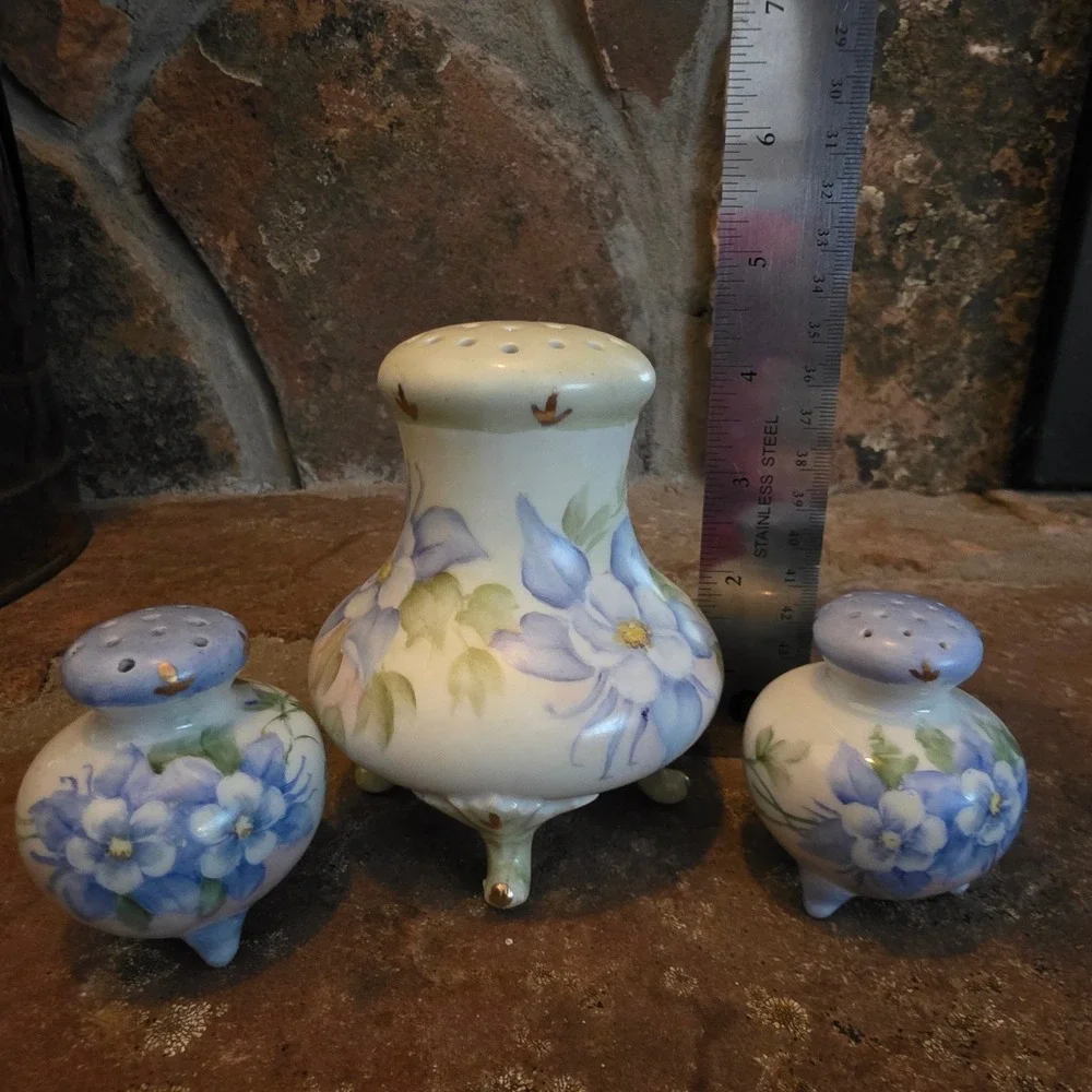 Vintage Hand Painted Japan Porcelain Sugar, Salt, Pepper Shakers Blue Floral